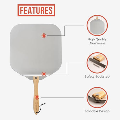 Chef Pomodoro Aluminum Metal Pizza Peel 18 Inch, Foldable Wood Handle | Pizza Paddle & Spatula for Bread, Pastries, Oven or Grill; Foldable for Easy Storage; 18x20 in Aluminum Board