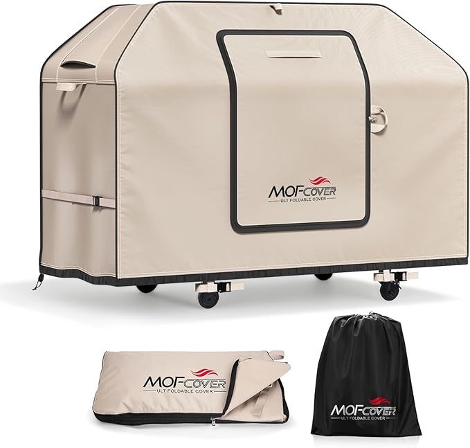 Exclusive Foldable 58 inch Grill Cover, 600D Heavy Duty Outdoor BBQ Cover for Weber Genesis II/EX/SX/LX 300 and Genesis 300 Series Weber 7130, 3-5 Burners Grill, Khaki