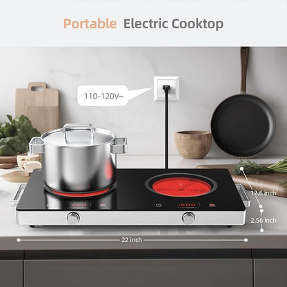 Infrared Double Burner Hot Plate,1800W Portable Electric Cooktop for 110-120V Outlet, Ceramic Glass Top, Knob & Touch Control, 9 Power Levels, Timer, Works with Any Cookware