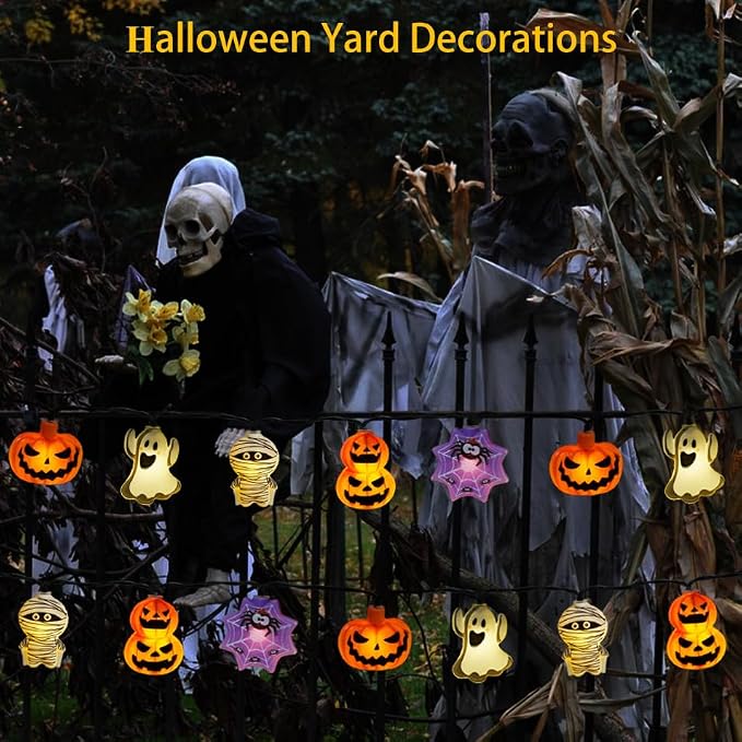 Halloween Decorations Outdoor Solar String Lights, 25.8ft 40LED Pumpkin Ghost Mummy Stacked Pumpkins Spider Web Solar Halloween Lights for Outside House Garden Yard Halloween Party Decor