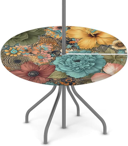 Boho Florals Outdoor Round Fitted Tablecloth with Umbrella Hole and Zipper, 36"-44" Elastic Patio Table Cloth Oil-Proof Waterproof Patio Table Cover for Picnic Party Camping