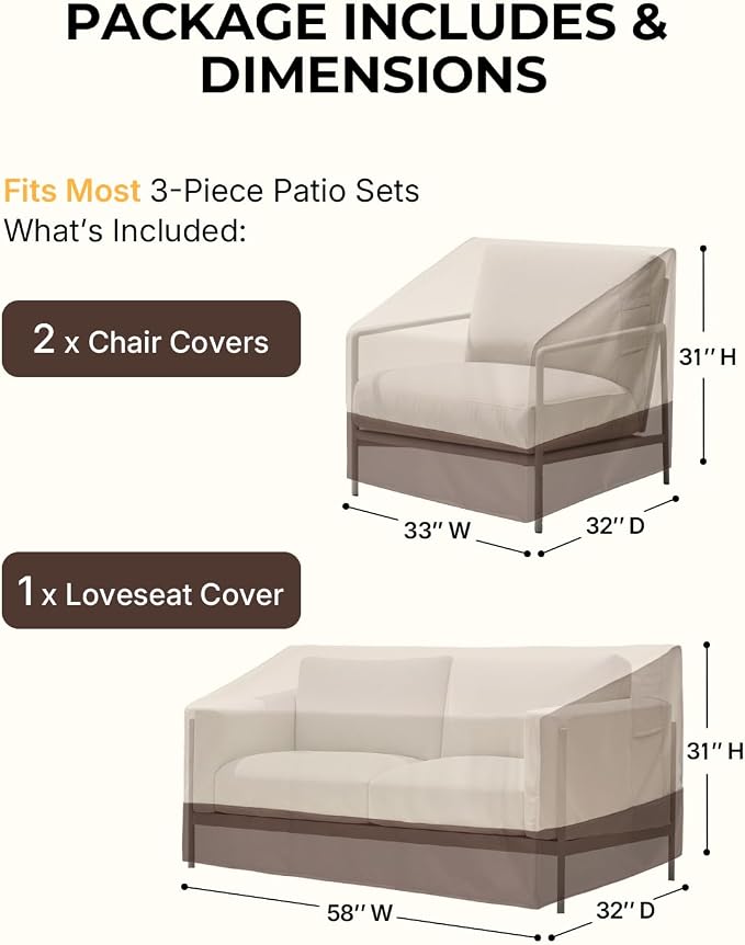 loriano 3-Piece Patio Furniture Covers Set, Waterproof Outdoor Chair & Loveseat Covers, Heavy Duty 600D Oxford Fabric with UV Protection, Windproof Design for All-Weather Protection