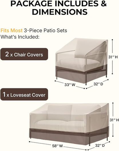 loriano 3-Piece Patio Furniture Covers Set, Waterproof Outdoor Chair & Loveseat Covers, Heavy Duty 600D Oxford Fabric with UV Protection, Windproof Design for All-Weather Protection