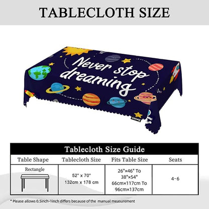 Swono Rectangle Tablecloth Outer Space Table Cover 52x70 Inch Never Stop Dreaming Quote Cute Planet Stars Sun Table Cloth for Rectangle Tables Decorative Tablecloth for Dining Party Camping BBQ