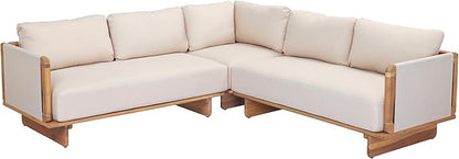 Merax 3 Piece Patio Outdoor Furniture Set, All-Weather V-Shaped Sectional Sofa with Cushions, Acacia Wood 5-Seater Couch Set for Porch, Lawn, Backyard, Balcony, Light Teak+ Beige