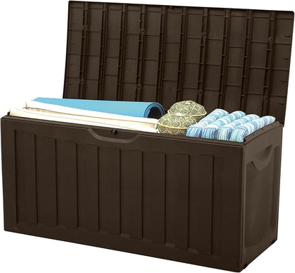 Ram Quality Products Plastic 90 Gallon Outdoor Lockable Backyard Storage Bin Deck Box for Cushions, Pool Accessories, and Towels, Brown