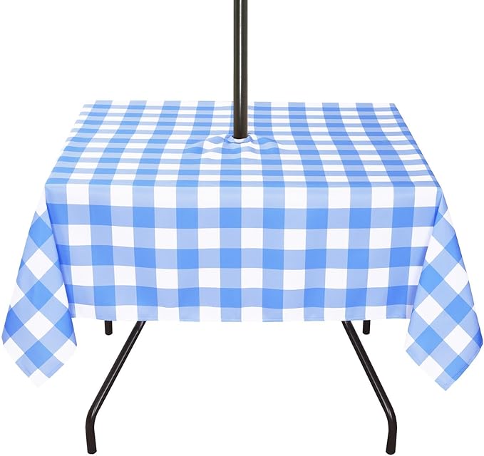 Poise3EHome Square Outdoor Tablecloth with Umbrella Hole and Zipper,Blue and White Gingham 60x60 Inch,SpillProof Washable Table Cloth for Spring Summer Patio Garden Poolside Picnic Camping BBQS