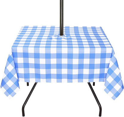 Poise3EHome Square Outdoor Tablecloth with Umbrella Hole and Zipper,Blue and White Gingham 60x60 Inch,SpillProof Washable Table Cloth for Spring Summer Patio Garden Poolside Picnic Camping BBQS