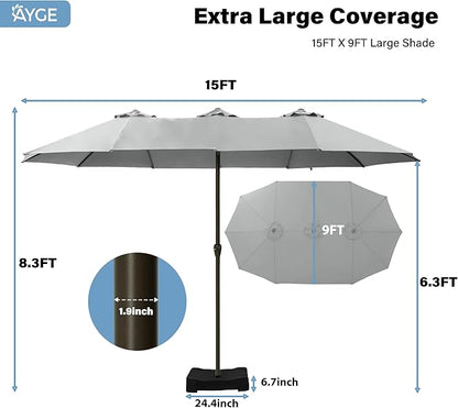 Ayge 15FT Patio Umbrella with Base,Large Outdoor Double-Sided Rectangle Umbrella with Crank Handle, Market Umbrella for Poolside Garden Deck Backyard Beach Pools,Light Gray