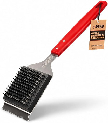 BBQ Grill Brush for Outdoor Grill Cleaner and Scraper, Replaceable Head | Barbecue Grill Cleaning Brush with No-Scratch Stainless Steel Bristles and Extended Red Handle, Safe for Any Grill Grate