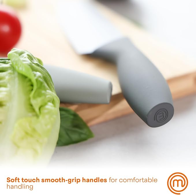 MasterChef Knife Set with Block, 7pc Kitchen Knives Set with Holder, Grey | Knife Block Set with Sharp Stainless Steel Blades for Precise Cutting with Non Stick Coating & Soft Touch Easy Grip Handles