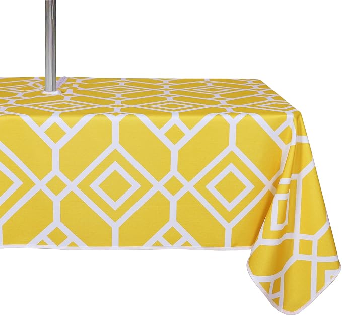 LUSHVIDA Moroccan Outdoor Tablecloth with Umbrella Hole and Zipper 60 x 102 Inch Yellow, Rectangle Waterproof Wrinkle Free Table Cloth Decorative Fabric Washable Table Cover for Patio, Party, Picnic