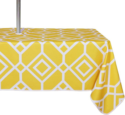 LUSHVIDA Moroccan Outdoor Tablecloth with Umbrella Hole and Zipper 60 x 102 Inch Yellow, Rectangle Waterproof Wrinkle Free Table Cloth Decorative Fabric Washable Table Cover for Patio, Party, Picnic