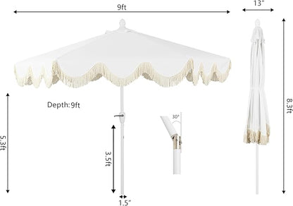JONATHAN Y UMB1001 Collins 9 ft. Classic Cottage Tassel Market Patio Umbrella with Auto-Tilt, Crank, Wind Vent and UV Protection