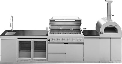 147" Modular Outdoor Kitchen,120,000 BTU Stainless Steel Propane Grill with Built-In Pizza Oven,Rotisserie,Double Door Refrigerator,Granite Countertop,Storage Drawers & Cabinets.