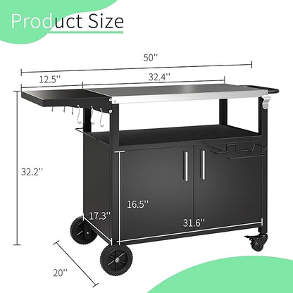 Shintenchi Outdoor Grill Cart Table with Stainless Steel Top for Kitchen Prep & BBQ, Outdoor Kitchen Island Table with Side Handle, Multifunctional Outdoor Grill Table, Black