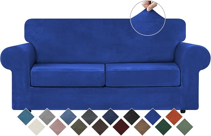 WEERRW Velvet Stretch 3 Pieces Couch Cover for Sofa Washable, Royal Blue | Love Seat Couch Covers for 2 Cushion Couch Sofa Furniture Protector slipcoves with Elastic Bottom for Kids, Medium