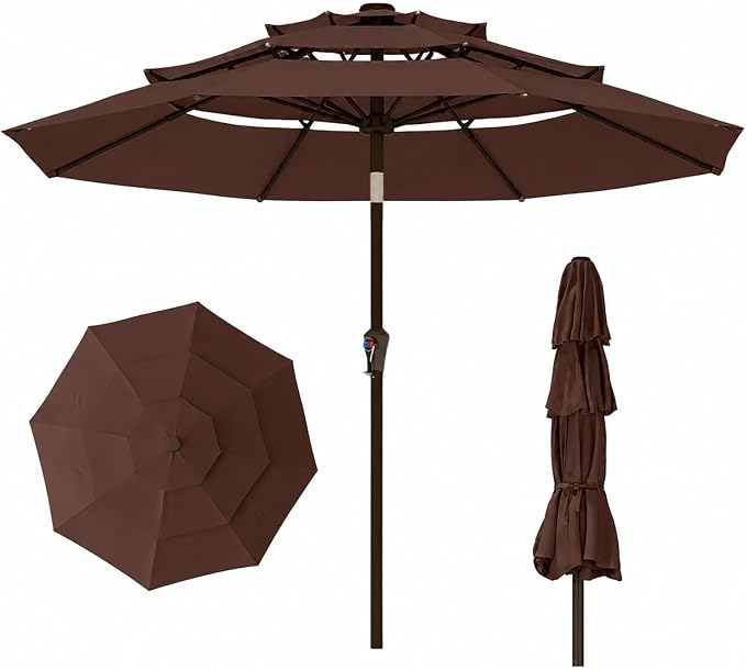 10ft 3 Tier Patio Umbrella, Outdoor Market Table Umbrella with UPF 50+ Vented Canopy, 8 Sturdy Ribs, Easy Push Button Tilt and Crank, Windproof for Deck, Pool, Backyard and Garden