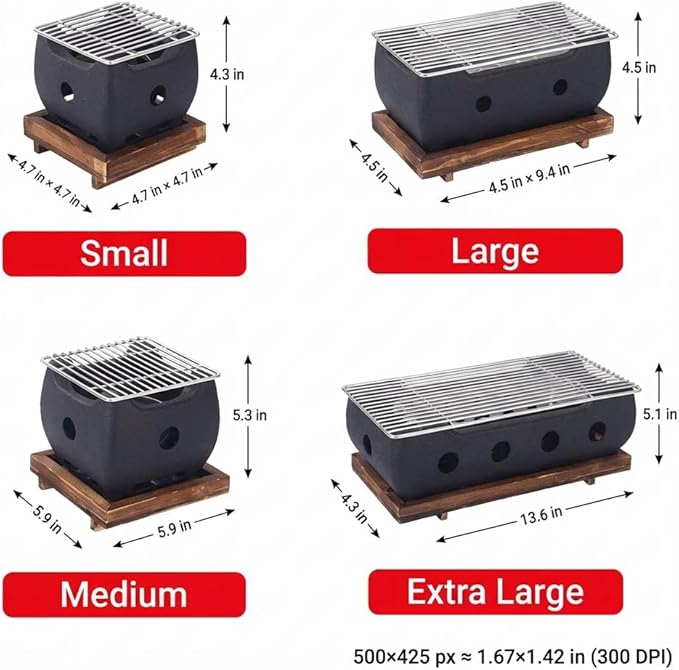Japanese Charcoal Grill Hibachi & Yakitori Grill BBQ Stove Robata Stainless steel aluminum alloy and wooden base Outoor BBQ Cooking (A,Extra Large)