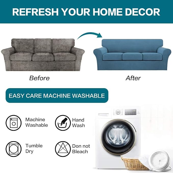 Turquoize 4 Piece Sofa Covers For 3 Cushion Couch Sofa Slipcover Soft Couch Cover For Dogs-Washable Sofa Furniture Covers With 3 Individual Cushion Covers, Jacquard Fabric (3 Cushion Sofa, Dusty Blue)