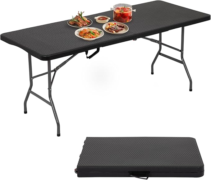 PayLessHere 6ft Folding Tables,Plastic Resin Table with Collapsible Alloy Steel Frame,Plastic Table for Indoor,Outdoor,Camping,BBQ,Picnic,Black Ratten