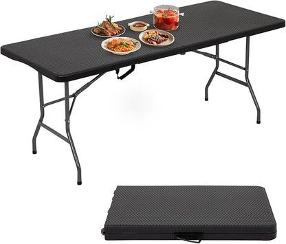 PayLessHere 6ft Folding Tables,Plastic Resin Table with Collapsible Alloy Steel Frame,Plastic Table for Indoor,Outdoor,Camping,BBQ,Picnic,Black Ratten