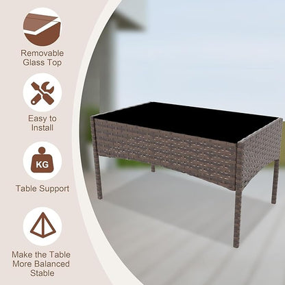 4-Piece Outdoor Furniture Set, PE Rattan Wicker Chairs with Soft Cushions & Tempered Glass Coffee Table - All-Weather Patio Set for Garden, Backyard, Porch, Poolside (Gradient Brown/Beige)