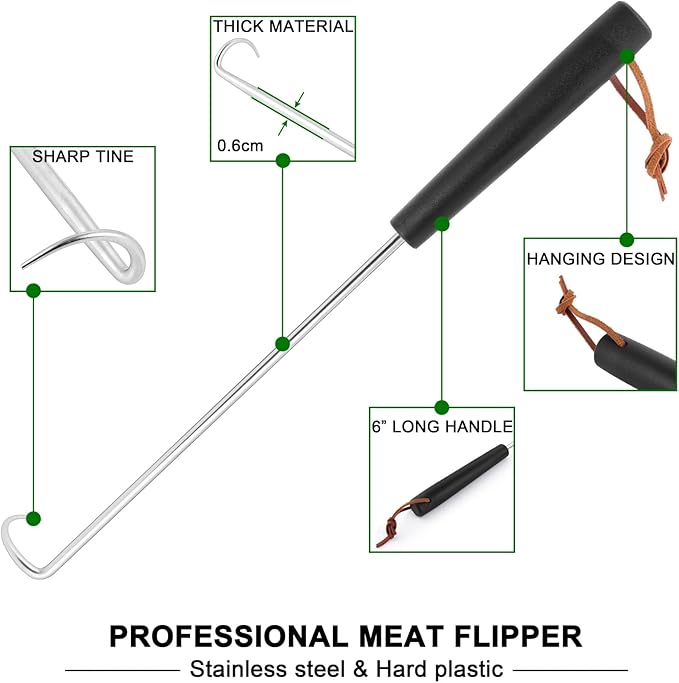 HaSteeL Meat Hook Flipper Set of 2, Stainless Steel Pigtail Food Flipper Turner 12Inch & 17Inch, BBQ Accessories Great for Grilling Smoking Frying, Long Body & ABS Handle, Easy to Clean & Right Handed