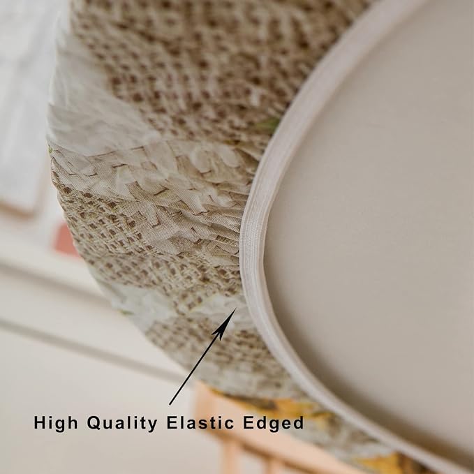 LIBERECOO Round Vinyl Fitted Tablecloth with Flannel Backing Elastic Edge Table Cover Waterproof Stain-Resistant Wipeable Tablecloths Fits 40-44" Round Tables
