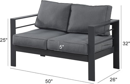 Wisteria Lane Aluminum Outdoor Sofa, 2 Seats Patio Couch All-Weather Rust-Proof Modern Metal Patio Furniture with 5" Thick Olefin Cushions, Light Grey