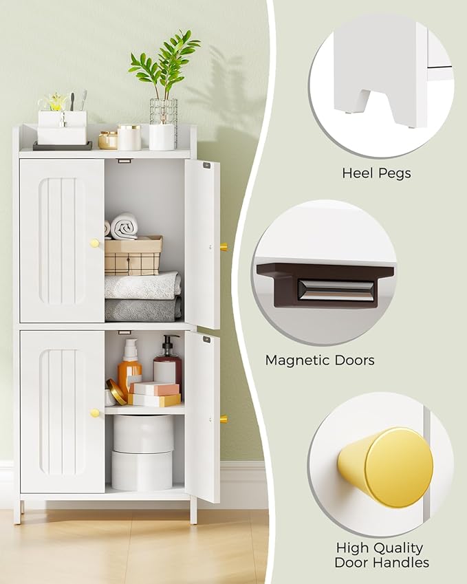 BEWISHOME Small Floor Cabinet, Toilet Paper Storage, Bathroom Storage Cabinet with 4 Doors and Shelves, Bathroom Organizers and Storage for Small Spaces, White 7.9" D x 14.6" W x 31" H YYG11W