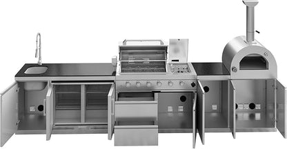 108,000 BTU Modular Outdoor Kitchen,150" Stainless Steel Natural Gas Grill with Built-In Pizza Oven,Side Burner,Rotisserie,Double Door Refrigerator,Granite Countertop,Storage Drawers & Cabinets.