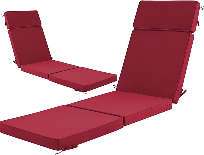 72 x 21 Inch Outdoor Chaise Lounge Cushions Set of 2 - Removable Cover, 4-Section Design, Water-Repellent & Fade-Resistant, 6 Tie Straps, Replacement for Patio & Pool Chairs - Burgundy