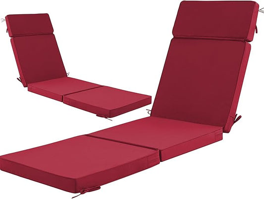 72 x 21 Inch Outdoor Chaise Lounge Cushions Set of 2 - Removable Cover, 4-Section Design, Water-Repellent & Fade-Resistant, 6 Tie Straps, Replacement for Patio & Pool Chairs - Burgundy