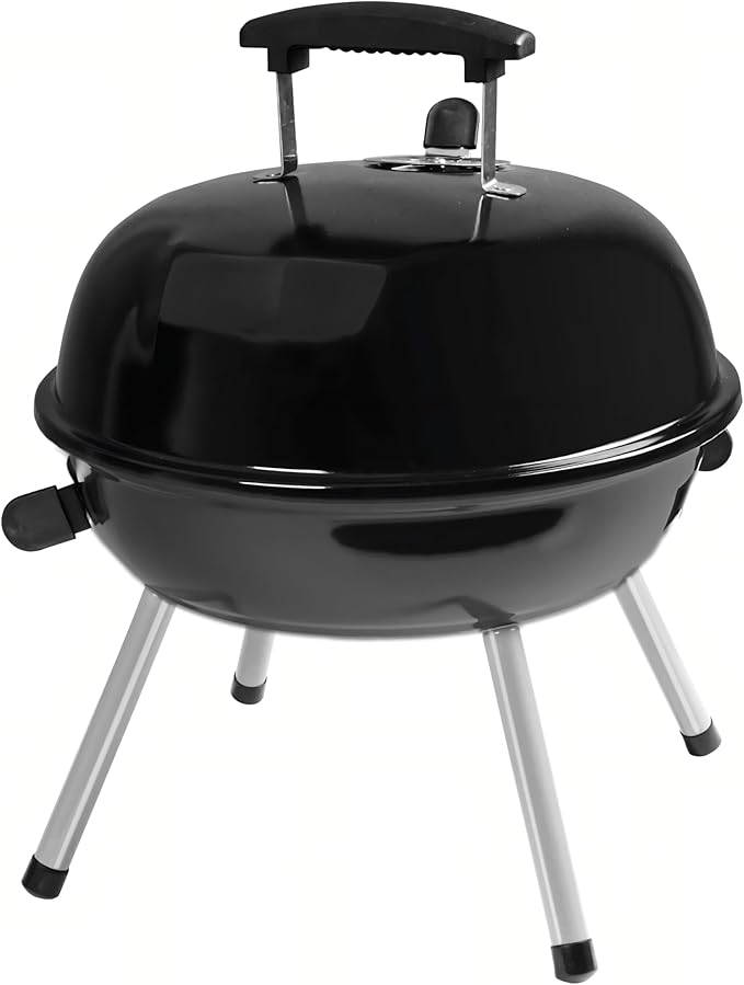 compact portable charcoal grill, outdoor picnic charcoal barbecue, small charcoal grill for camping，14.5-inch，black