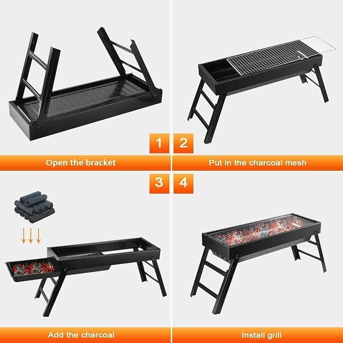 Portable Charcoal Grill, Portable Tabletop BBQ for Outdoor Cooking | Compact Folding Grill for Camping, Hiking, Picnics & Travel | 24”x13”x9” Lightweight Smoky Flavor Grill