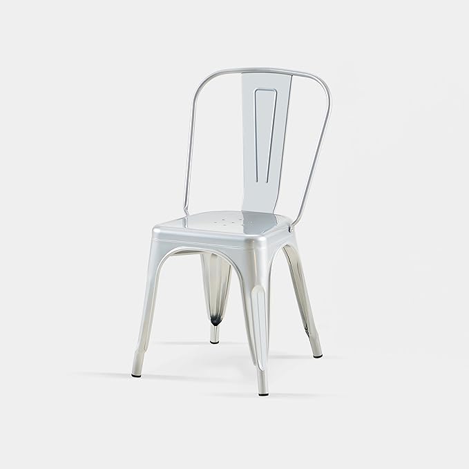 AC Pacific 18 Inch Seat Height Industrial Metal Dining Chairs, Stackable Kitchen or Bar Seat, Durable Modern Design, Versatile Accent Furniture, Set of 4, Silver