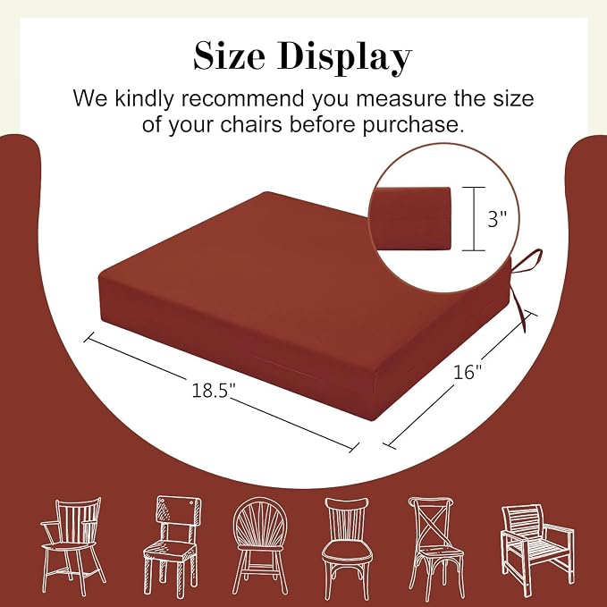 Cozyide Outdoor Chair Cushions, Waterproof Patio Seat Cushions with Adjustable Straps, Square Corner Patio Chair Cushions for Garden, Brick Red, 18.5x16x3 Inch (Pack of 4)