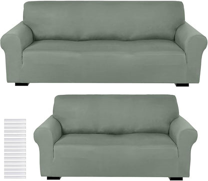 Peryiter 2 Pcs Couch and Loveseat Sofa Covers,Grayish Green,Milk Silk | Armchair Covers for Living Room, Sofa Cushion Slipcover 2/3 Seater, Furniture Protector, Polyester and Spandex, Washable