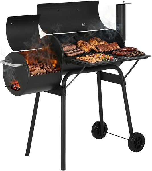 Dopinmin BBQ Charcoal Grill, Outdoor Heavy Duty Cooker oven Barbecue Grill with Offset Smoker & Thermometer, Wheels and Tray for Patio Balcony Picnics, Party and Camping