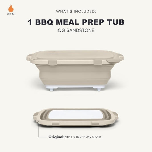 Drip EZ Collapsible BBQ Prep Tub - For Meal Prep, Marinating, Food Storage - Includes Cutting Board & Locking Lid - (1) OG - Sandstone