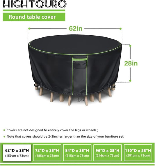 Round Patio Table Cover for Outdoor Table Chairs Set,600D Outdoor Furniture Cover Waterproof,Tear Resistance and Anti-UV,62" Dia x 28" H,Black
