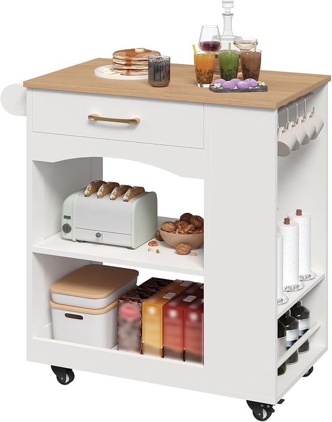 MAHANCRIS Kitchen Island, Mobile Kitchen Island Table with Drawer and Open Shelves, Kitchen Storage Island on Wheels, Rolling Kitchen Cart with 6 S-Shaped Hooks, for Kitchen White and Natural KIBN9901