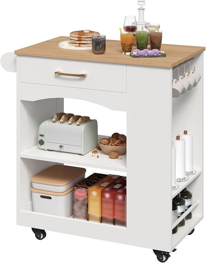 MAHANCRIS Kitchen Island, Mobile Kitchen Island Table with Drawer and Open Shelves, Kitchen Storage Island on Wheels, Rolling Kitchen Cart with 6 S-Shaped Hooks, for Kitchen White and Natural KIBN9901