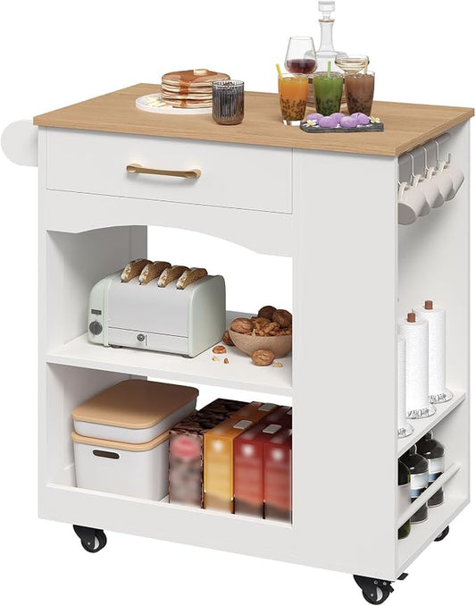 MAHANCRIS Kitchen Island, Mobile Kitchen Island Table with Drawer and Open Shelves, Kitchen Storage Island on Wheels, Rolling Kitchen Cart with 6 S-Shaped Hooks, for Kitchen White and Natural KIBN9901