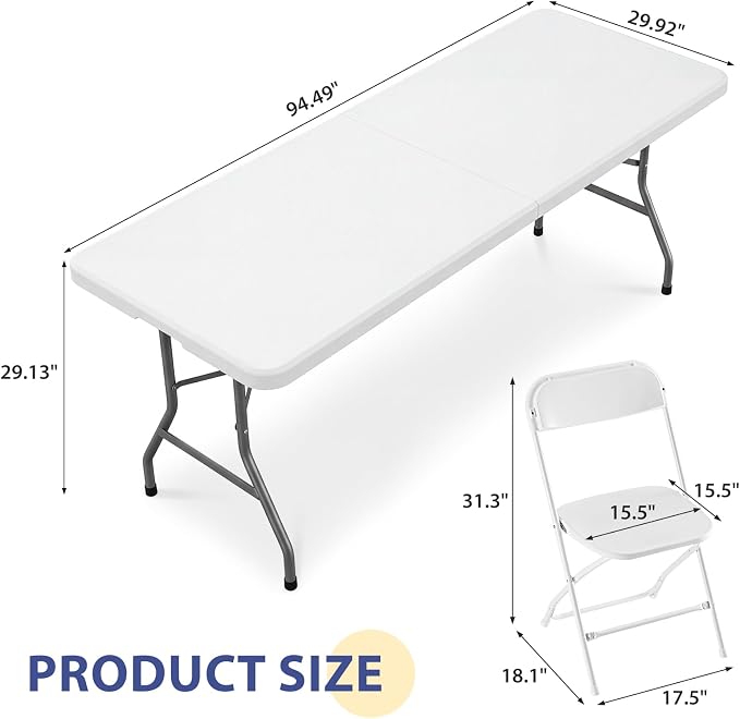 Sweetcrispy 8 FT Folding Picnic Table with 10 White Folding Chairs, Easy to Fold and Store, Foldable Table for Camping Picnic Dining Party Kitchen Outdoor Indoor with Carrying Handle