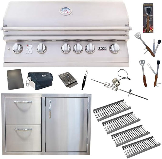 Lion Premium Grills 40-Inch Natural Gas Grill L90000 w/ 4 Ceramic Tubes w/Flame Tray and Made in USA Door/Drawer Como Unit and 5 in 1 BBQ Tool Set Best of Backyard Gourmet Package Deal
