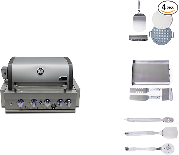 Mont Alpi MABi400-TOOLKIT 32-inch 4 Burner 63000 BTU Stainless Steel Built-in Gas Grill + Universal Flat Top Griddle Hot Plate Kit & Pizza Converter + Barbecue 3 Piece Tool Kit with Cleaning Brush