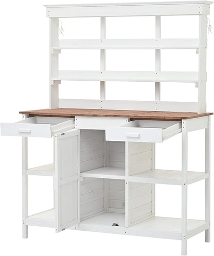 Merax 66" Large Outdoor Farmhouse Wooden Potting Bench Table, Garden Workstation with 2 Drawers, Cabinet, and Open Shelves for Backyard, Mudroom, White