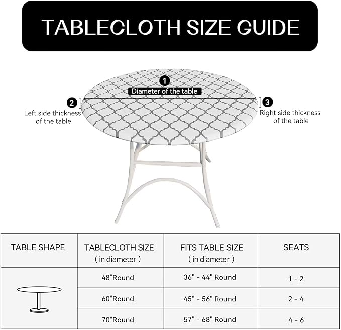 Romanstile Round Fitted Vinyl Tablecloth with Elastic Edge 100% Waterproof | Table Covers for 45"- 56" Tables, Wipeable Flannel Backed Plastic Table Cloths for Dinner Picnic Camping, WhiteMoroccan